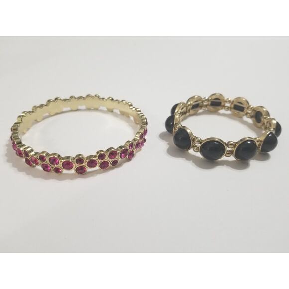 Two bracelets one bangle 2 1/2" pink stones one stretch black bead b18* - Picture 1 of 9